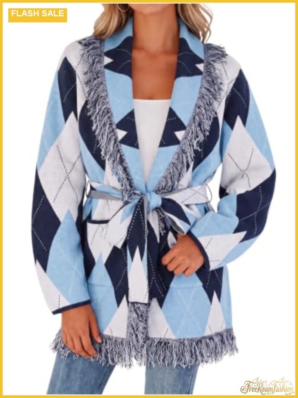 Open Front Argyle Cardigan Sweater with Belt Fringe Shawl Collar